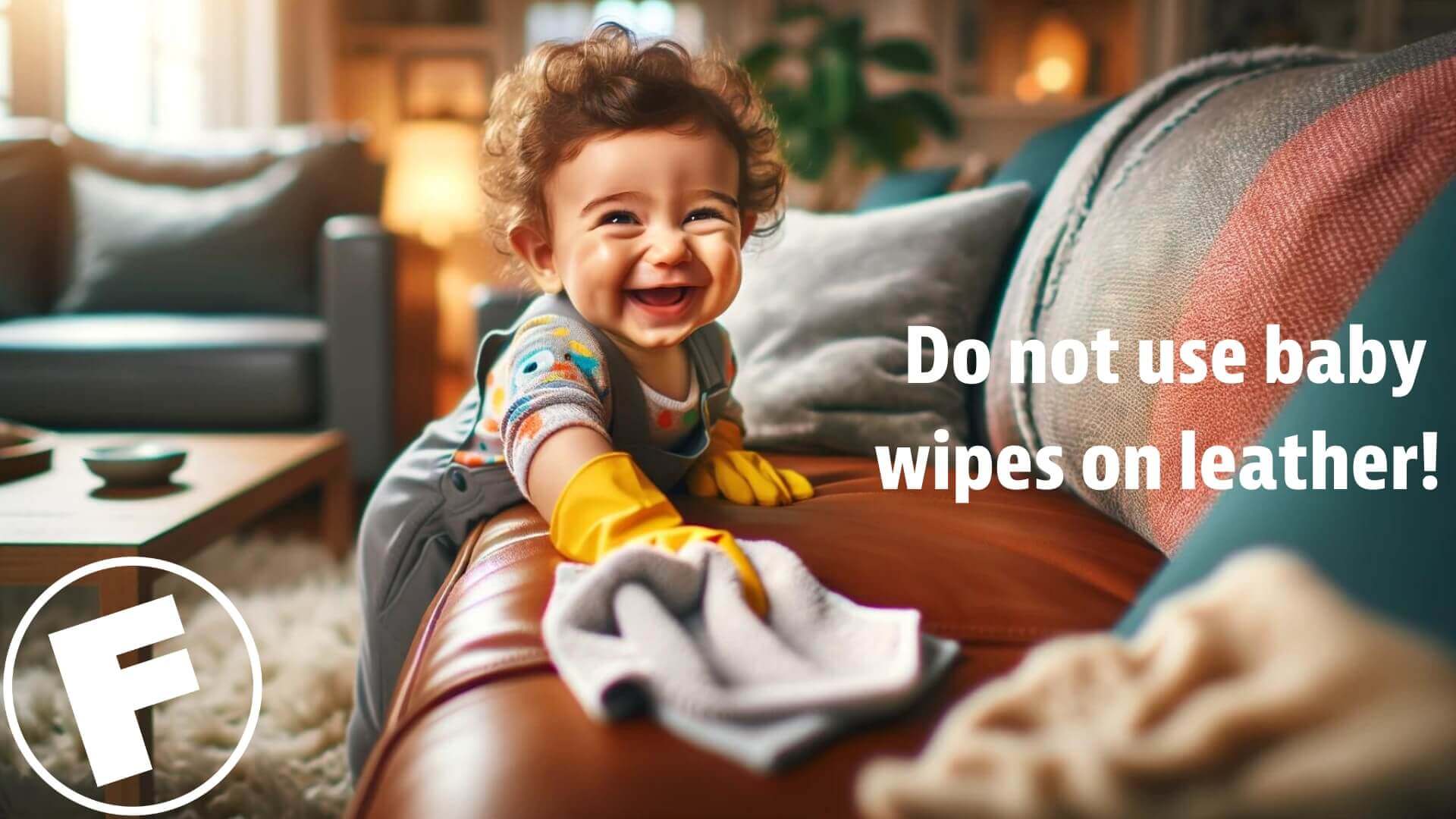 a cheeky baby cleaning a leather couch