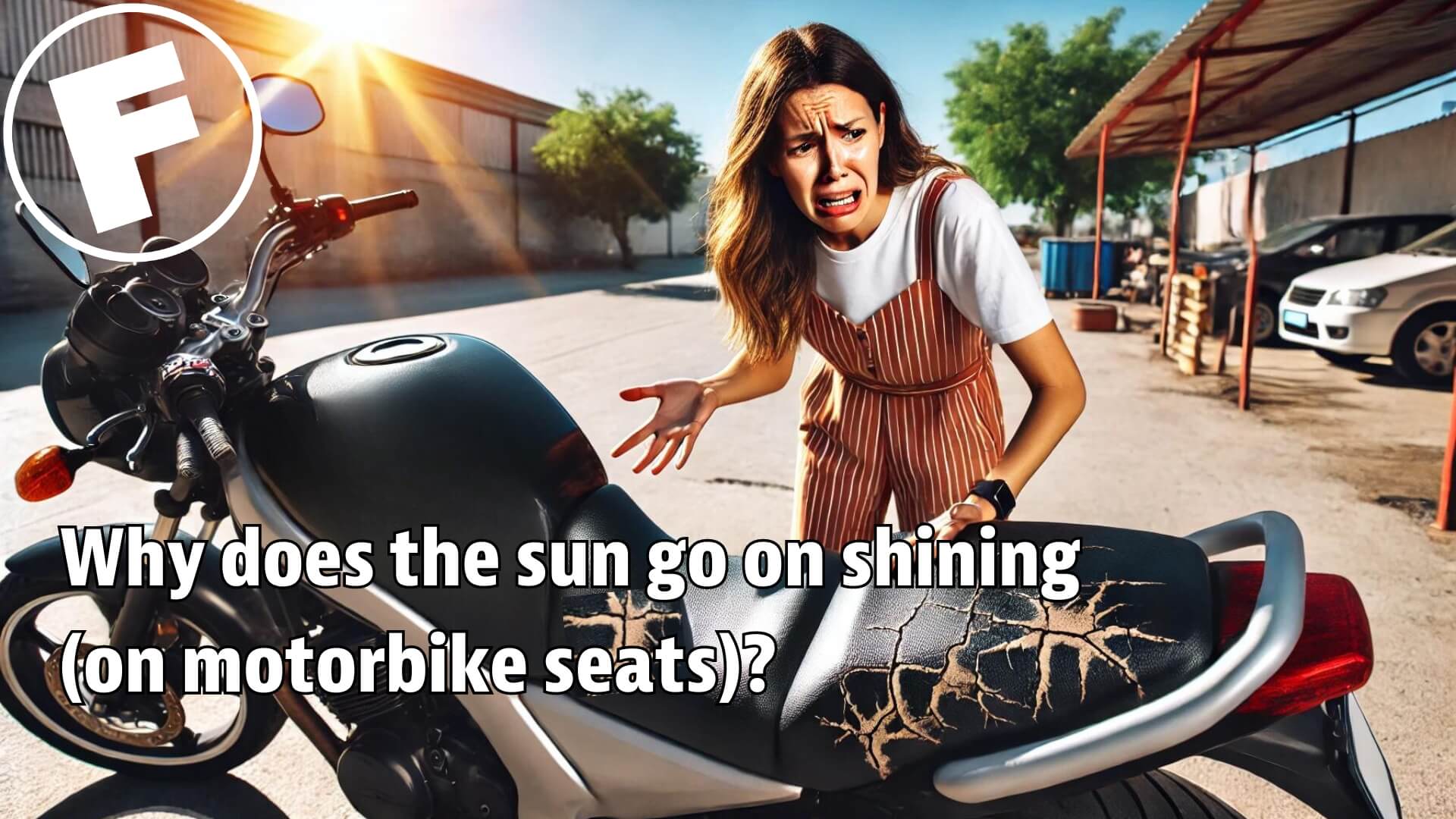 a young woman distraught at the ffect sun exposure has has on her leather motorcycle seats